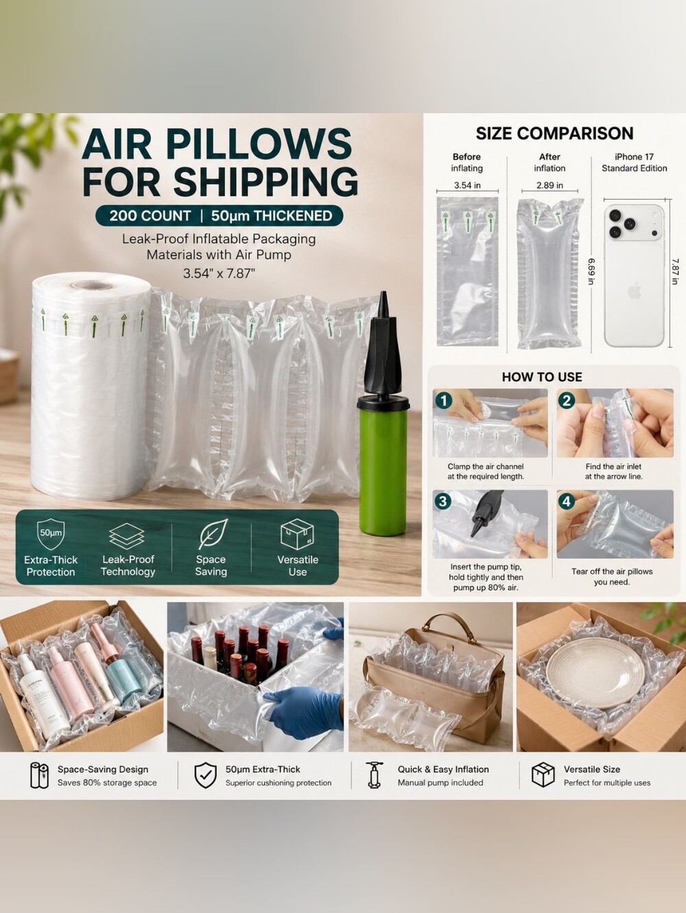 NWT 200 Count 50μm Air Pillows for Shipping  Extra-Thick Cushioning Bag Fillers
